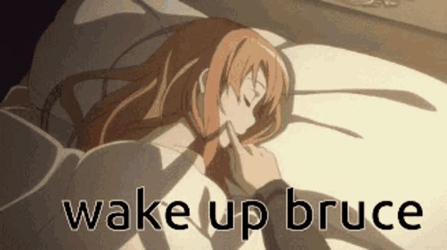 a picture of a girl sleeping with the words wake up bruce