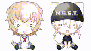 two anime characters wearing sunglasses and a hat that says neet