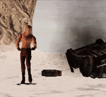 a pixelated image of a man standing next to a car that has a tire laying on the ground