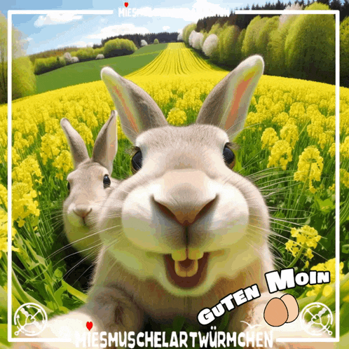 a picture of two rabbits with the words guten moin written on it