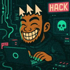 a cartoon of a man using a laptop with a sign that says hack on it