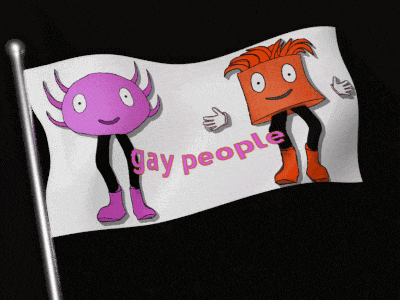 two cartoon characters on a flag that says gay people on it