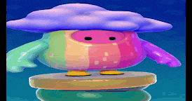 a colorful cartoon character with a cloud on his head is standing on a podium .