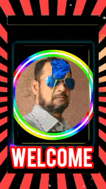a welcome sign with a man wearing sunglasses and a rose on his head