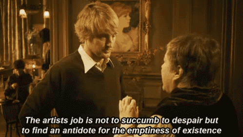 a man talking to a woman with the words the artist 's job is not to succumb to despair but to find an antidote