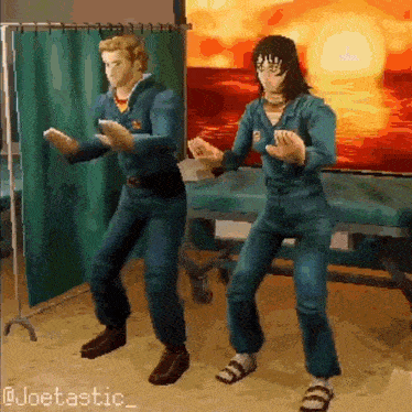 a man and a woman are dancing in a room with a green curtain behind them .