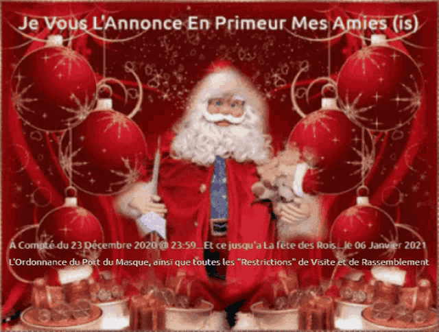 a christmas poster with santa claus and the words je vous l' annonce en primeur mes amis