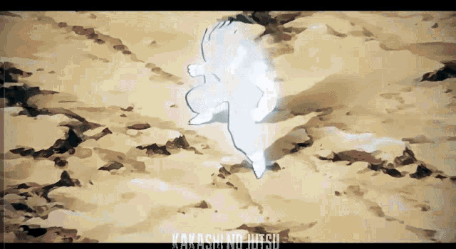a drawing of a person standing in the sand with the words kakashi no jutsu written on the bottom