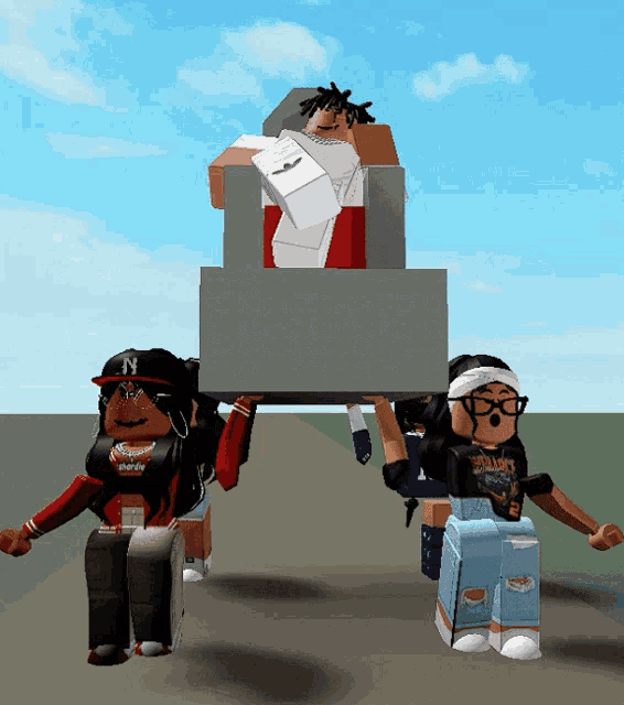 a girl with the letter n on her hat is holding a large box