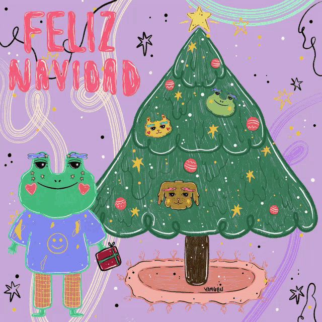 a frog is standing next to a christmas tree with the words feliz navidad written above it
