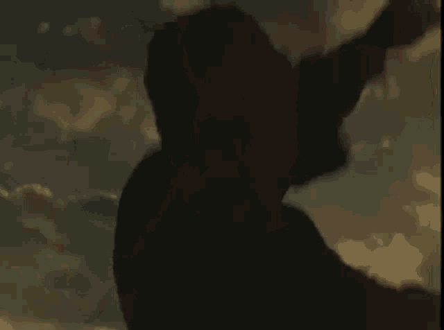 a silhouette of a person flying through the air with their arms outstretched against a cloudy sky .