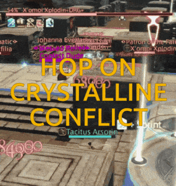 a screen shot of a video game with the words hop on crystalline conflict