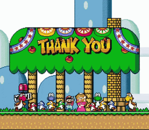 a group of cartoon characters standing under a sign that says thank you