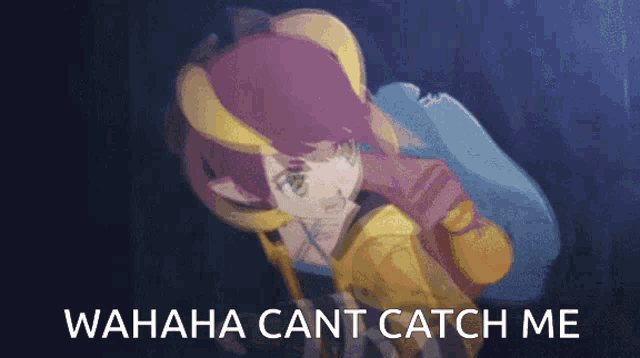a cartoon of a girl with the words wahaha cant catch me