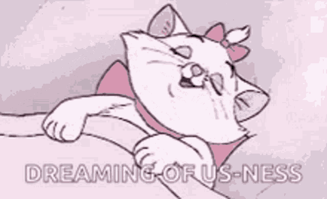 a cartoon cat with a pink bow on its head is laying down with the words dreaming of us-ness below it .