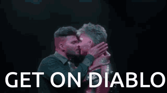 two men kissing with the words get on diablo written below them
