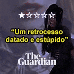 a woman with long hair is standing in front of a sign that says `` um retrocesso datado e estupido '' .