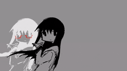 a black and white drawing of a girl with a red eye