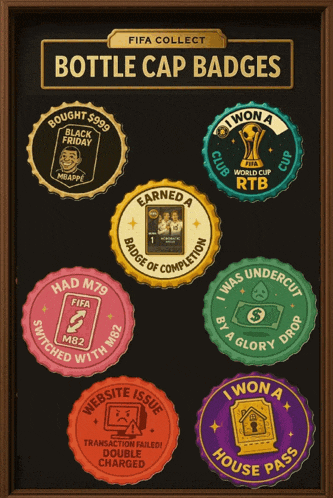 a collection of fifa collect bottle cap badges are displayed