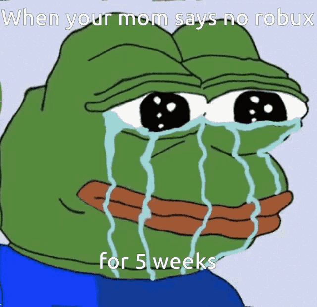 a cartoon of a frog crying with the caption " when your mom says no robux "