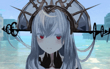 a girl with long white hair and red eyes is wearing a headpiece with a crescent moon on it