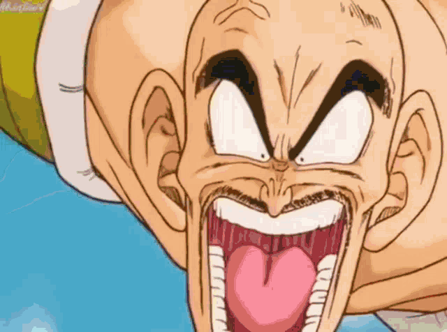 a bald man with a mustache is making a funny face with his mouth open and his tongue sticking out .