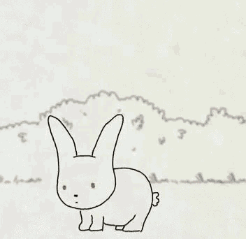 a black and white drawing of a rabbit with muscles standing on a grassy field .