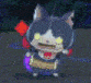 a cartoon cat with yellow eyes is holding a purple object in its mouth .