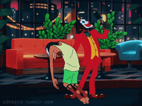 a cartoon of a man in a green shirt standing next to a joker