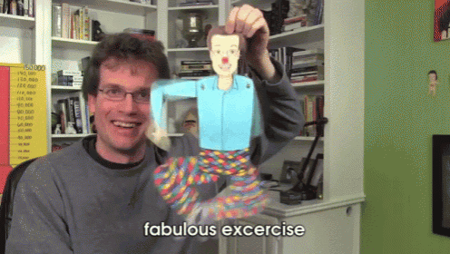a man holds up a paper doll with the words fabulous excercise below him