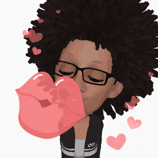 a cartoon of a girl blowing a kiss with hearts behind her