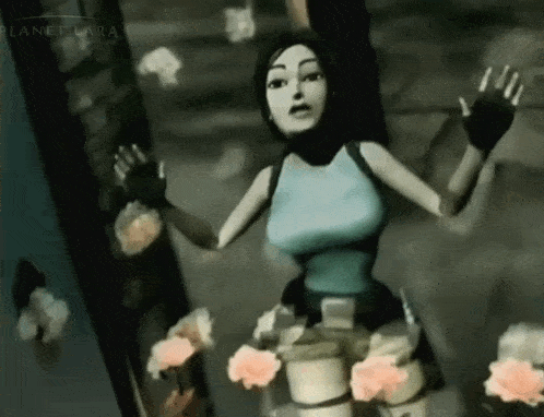a cartoon of a woman standing in front of flowers with the word planet lara on the bottom