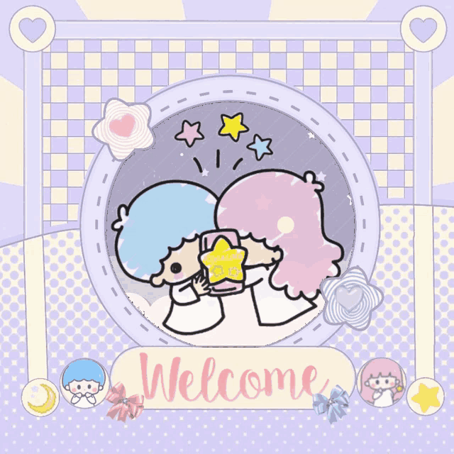 a welcome card with two little twin stars and a star