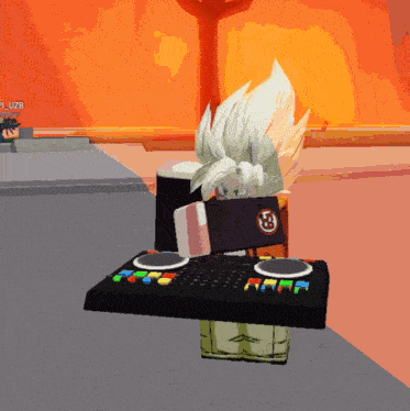 a cartoon character is holding a dj controller in front of an orange background