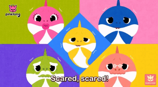 a cartoon of baby sharks with the words scared scared written below them