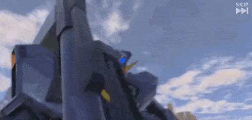 a robot is flying through the air in a video game with a blue sky in the background .
