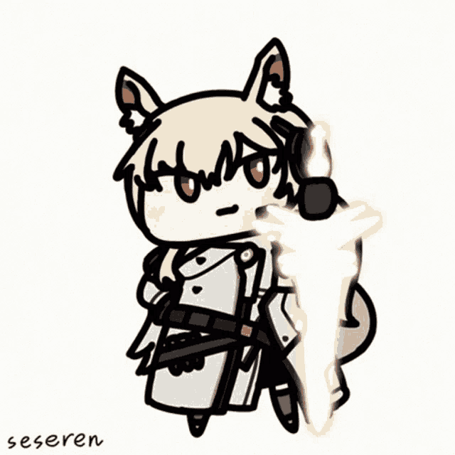 a drawing of a fox holding a sword with the word seseren below it
