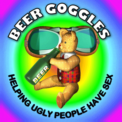 a teddy bear wearing goggles holds a beer bottle