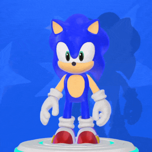 a cartoon sonic the hedgehog is standing on a white podium