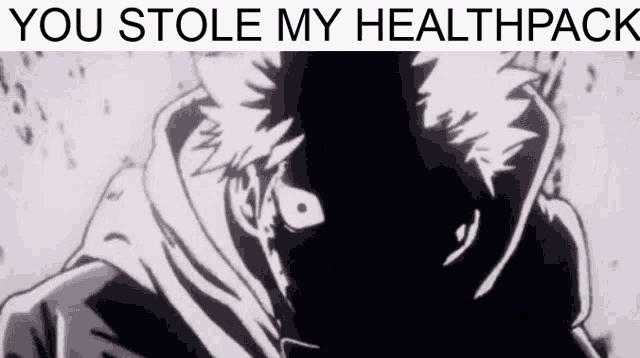 a black and white drawing of a man with the words `` you stole my healthpack '' written below it .