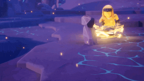 a cartoon character in a yellow hoodie is standing on a purple surface