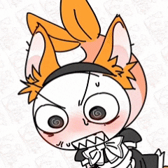 a cartoon drawing of a cat with orange ears and a black bow tie