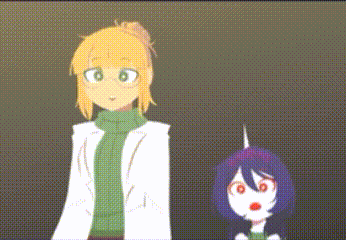 a cartoon of a woman in a lab coat standing next to a purple girl