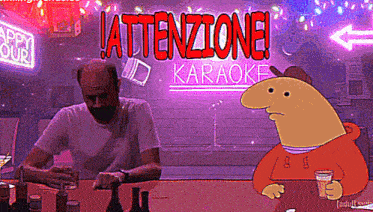 a cartoon of a man sitting at a bar with a sign that says karaoke