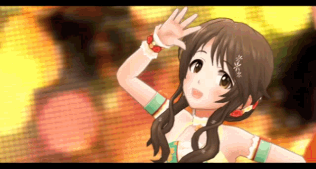 a girl with long brown hair is waving her hand