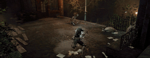 a video game scene with a robot and a man fighting each other