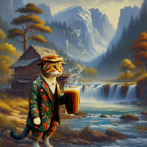 a painting of a cat in a suit holding a mug of beer