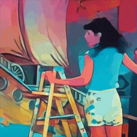 a cartoon of a woman standing on a ladder painting