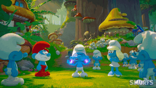 a group of smurfs standing in a grassy field