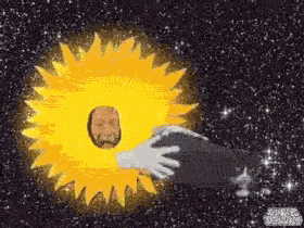 a man in a sun costume is hugging another man